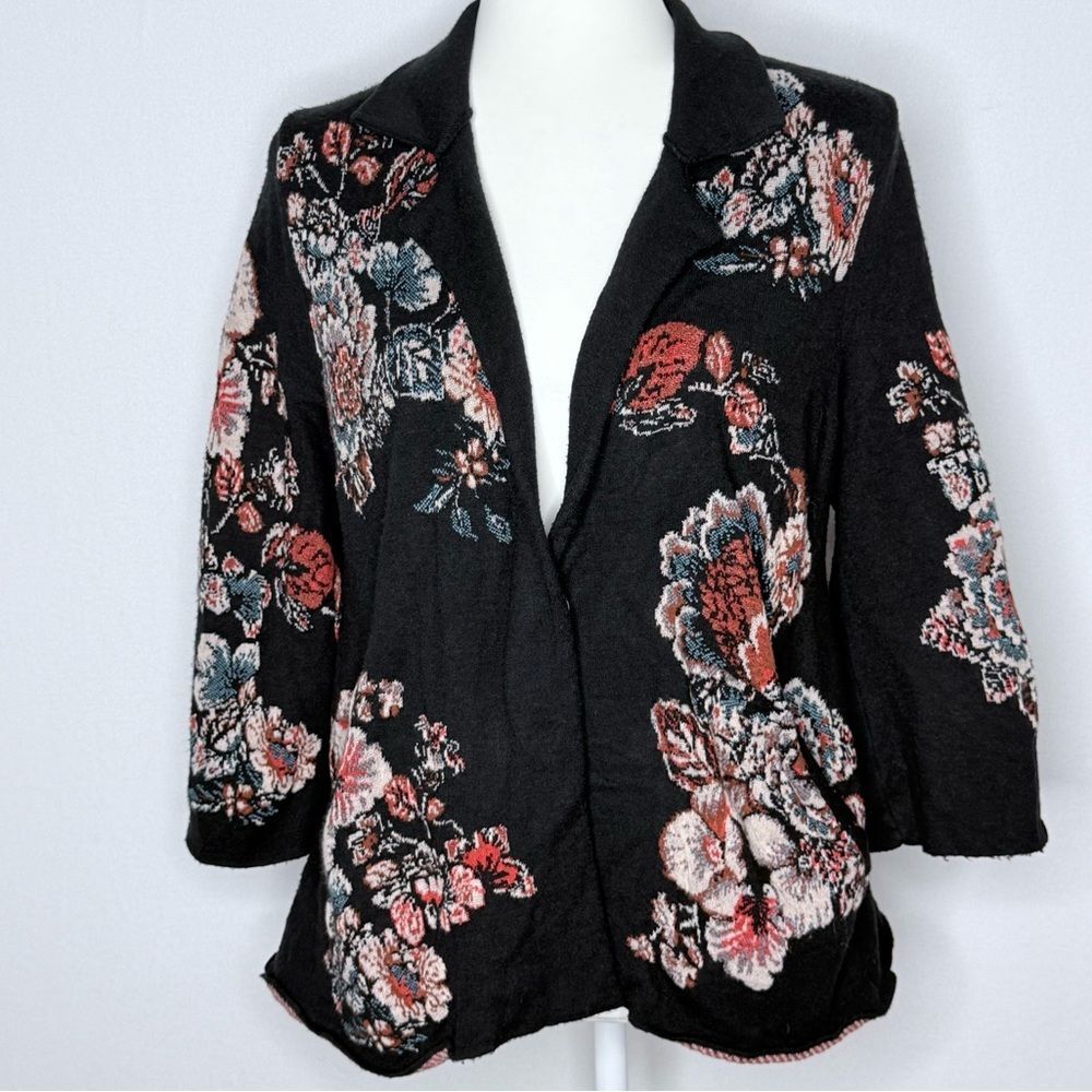 Moulinette Soeurs Anthropology Floral Black Sweater with 3/4 Length Sleeves